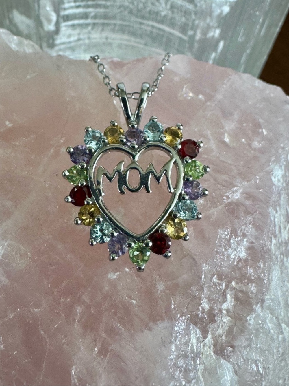 18” Sterling Silver Multicolor Gemstone MOM Heart Pendant Necklace